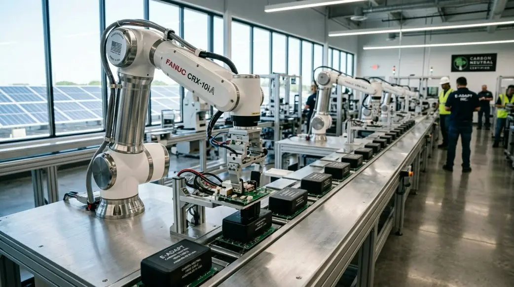 A high-tech automated assembly line in a clean, modern US-based power adapter factory showing carbon-neutral manufacturing processes and robotic arms.
